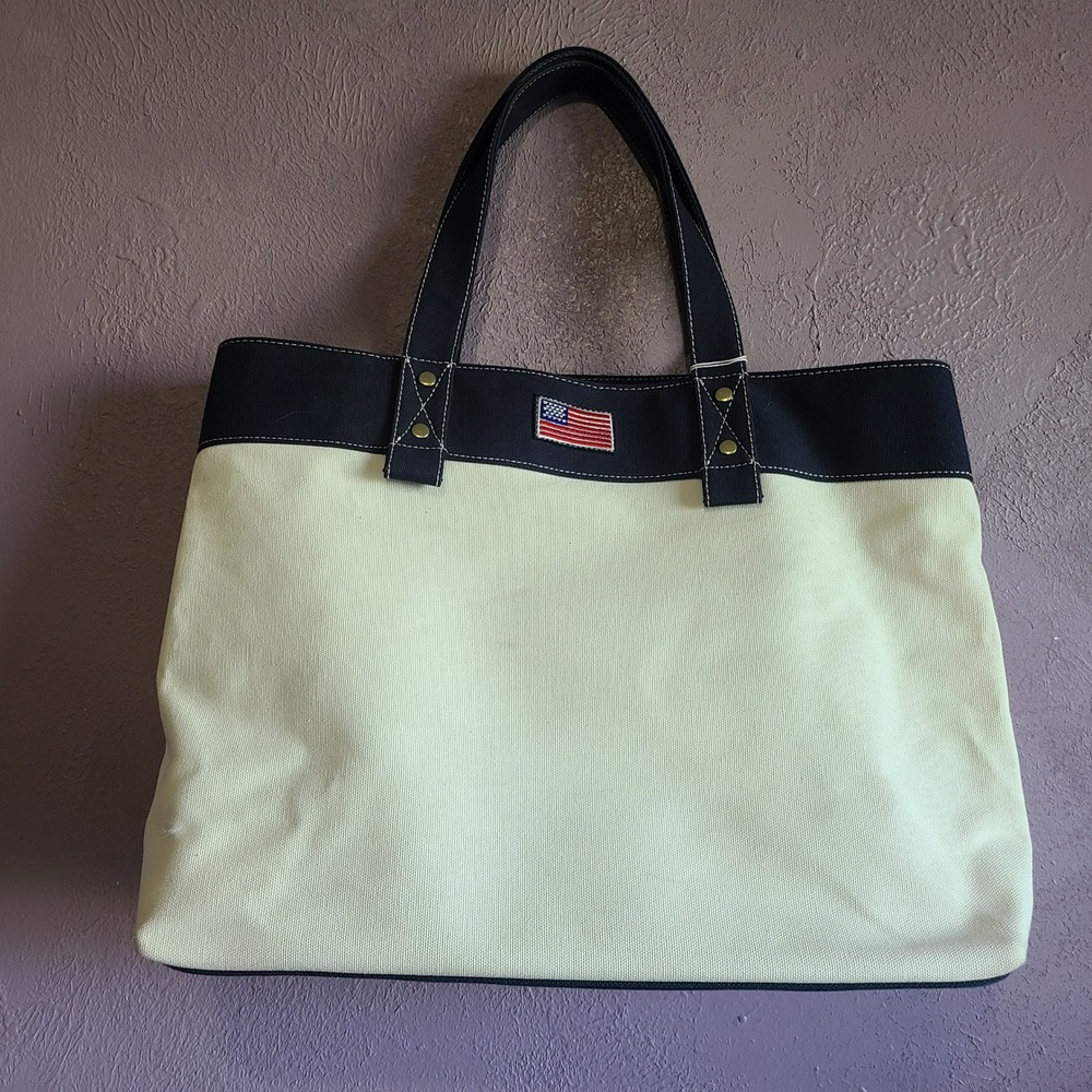 Casual Corner Annex Tote Bag Women Large Cream Navy Blue Canvas American Flag